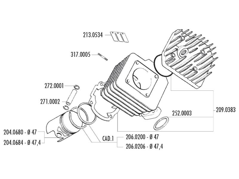 Obrázok z valec sada Polini liatina sport 70cc 47mm pre Peugeot AC horizontal