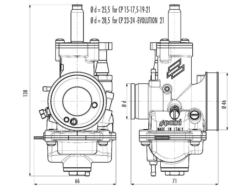 Obrázok z karburátor Polini CP D.15 15mm pre Minarelli, CPI, Keeway, Gilera, Piaggio