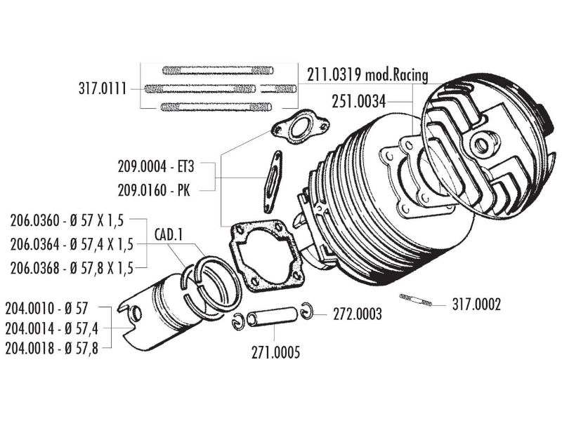 Obrázok z valec sada Polini liatina racing 130cc 57mm pre Vespa 125 ETS, PK, Primavera 2T, Primavera ET3 2T, XL