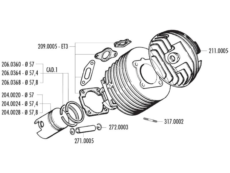 Obrázok z valec sada Polini liatina dual inlet 130cc 57mm pre Vespa 125 ETS, PK, Primavera 2T, Primavera ET3 2T, XL